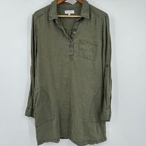 Michael Stars Eleanor Olive Green Linen Blend Utility Shirt Dress XL Long Sleeve